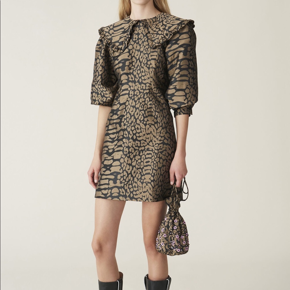 GANNI JACQUARD DRESS BLACK GOLD LEOPARD SIZE 8